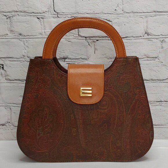 'ETRO' SATCHEL DOUBLE RING HANDLE LEATHER PAISLEY PRINT GOLD 'E' FRONT TOTE BAG - Picture 1 of 16